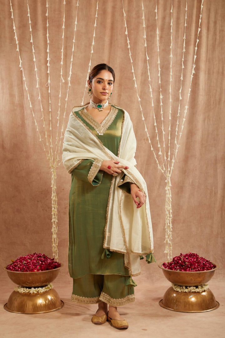 Green Sequins Gota Tissue Kurta with  Wide Leg Pants and Dupatta - Set of 3