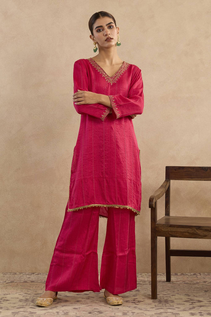Fuchsia Pink Dori Silk Chanderi Kurta with Flared Pants - Set of 2