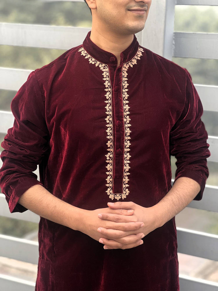 Maroon Oak Embroidered Velvet Kurta with Narrow Pants - Set of 2