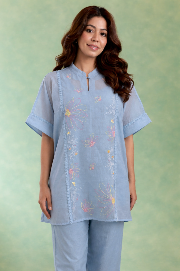 Blue Charm Embroidered Mul Chanderi Top