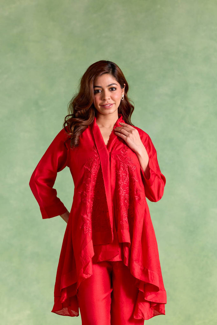 Rosy Charm Embroidered Chanderi Kurta with Straight Pants - Set of 2