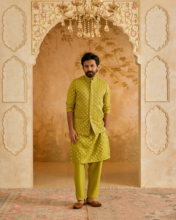 Olive Brocade Nehru Jacket with Kurta Set - Set of 3