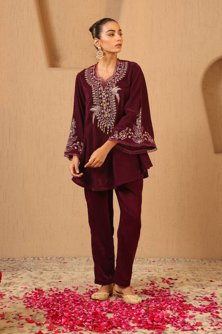 Wine Zari Charm Velvet Tunic with Narrow Pants