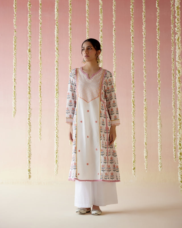 Petal Pink Yoke Anarkali Kurta with Wide Leg Pants- Set of 2