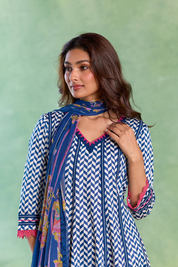 Navy Beaded Chevron Anarkali with Flared Pants and Dupatta - Set of 3