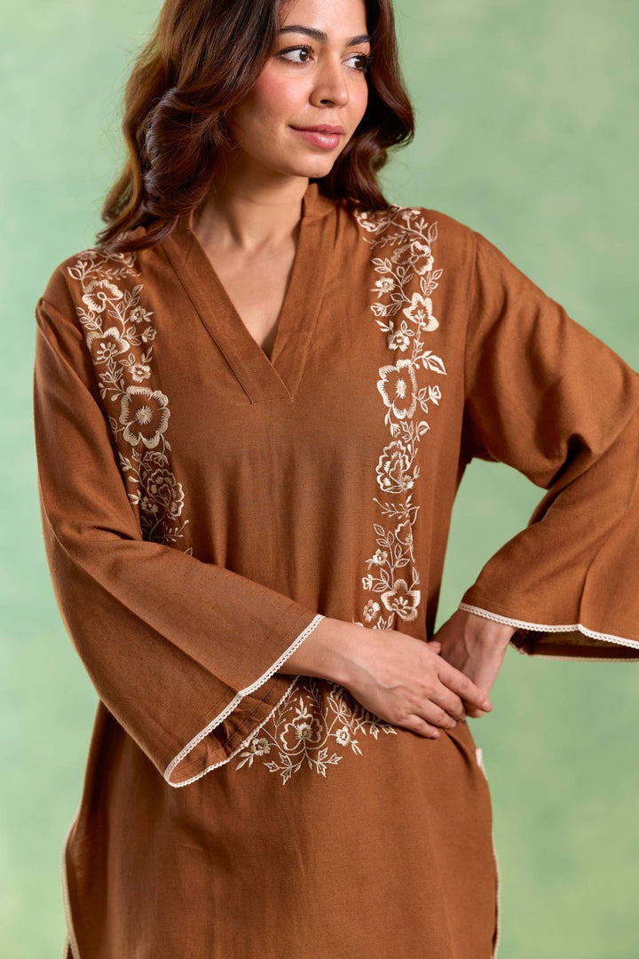 Brown Bloom Embroidered Top