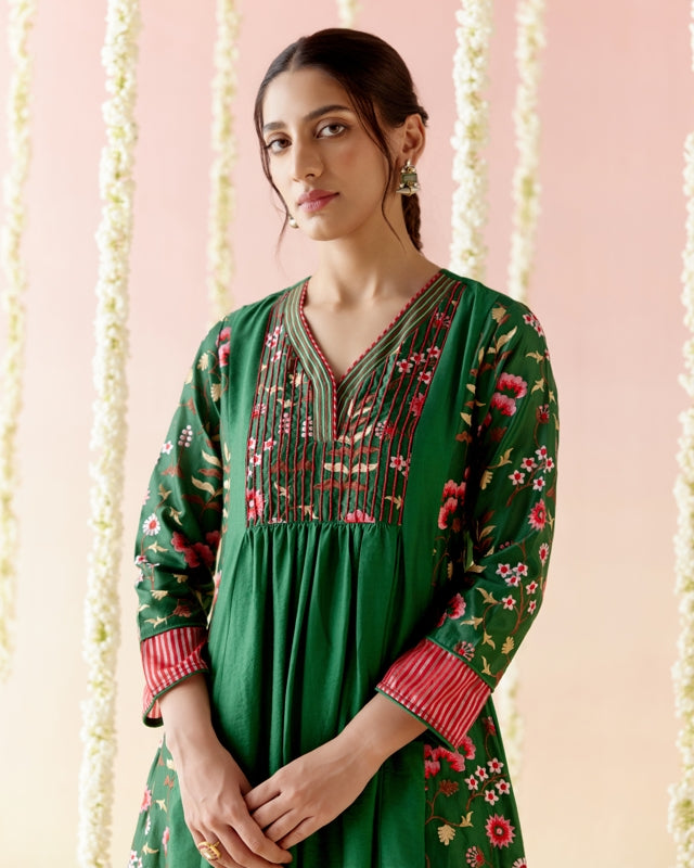 Pine Green Embroidered Kurta with Wide Leg Pants & Dupatta - Set of 3