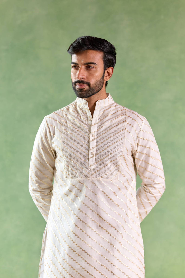 Ivory Gold Chevron Brocade Embroidered Kurta