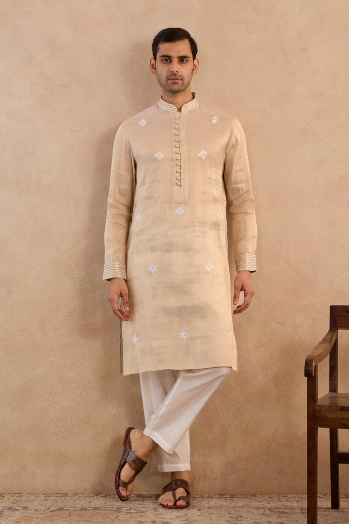 Gold Buta Embroidered Tissue Kurta with Narrow Pants - Set of 2