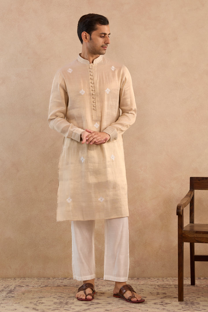 Gold Buta Embroidered Tissue Kurta