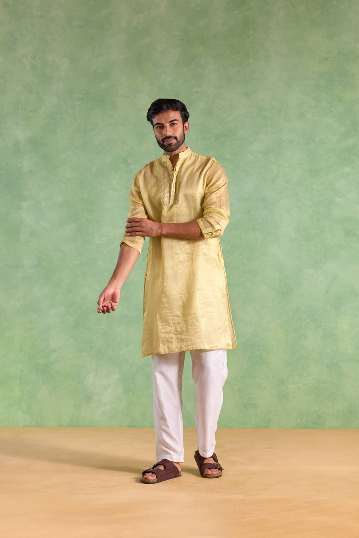 Yellow Gold Stripe Embroidered Kurta