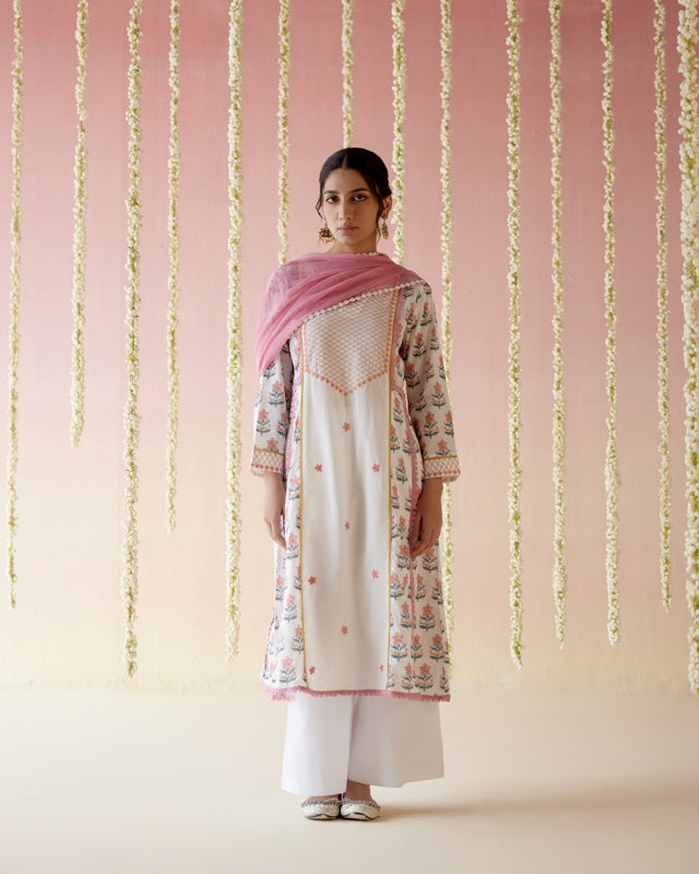 Petal Pink Yoke Anarkali Kurta with Narrow Pants and Dupatta- Set of 3