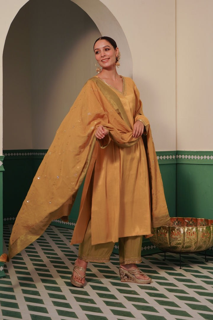 Sunshine Shimmer Kurta Set with Wide Leg Pants & Dupatta - Set of 3