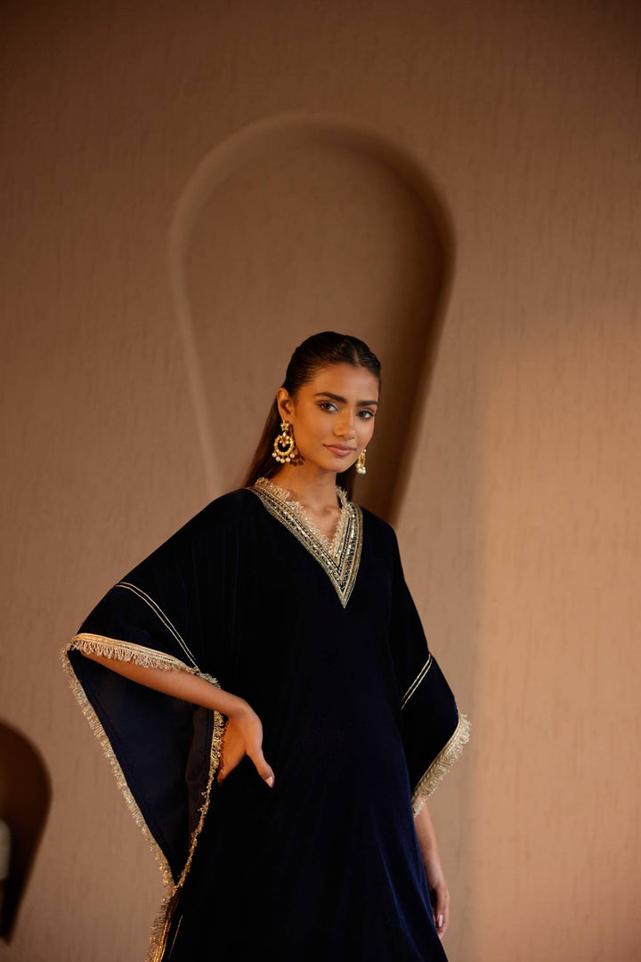 Navy Blue Velvet Embroidered Kaftan with Narrow Pants- Set of 2