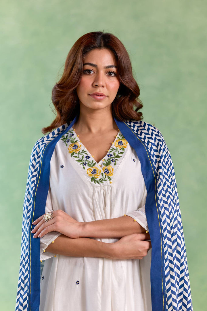 Blue Petal Embroidered Kurta with Wide-Leg Pants and Dupatta - Set of 3