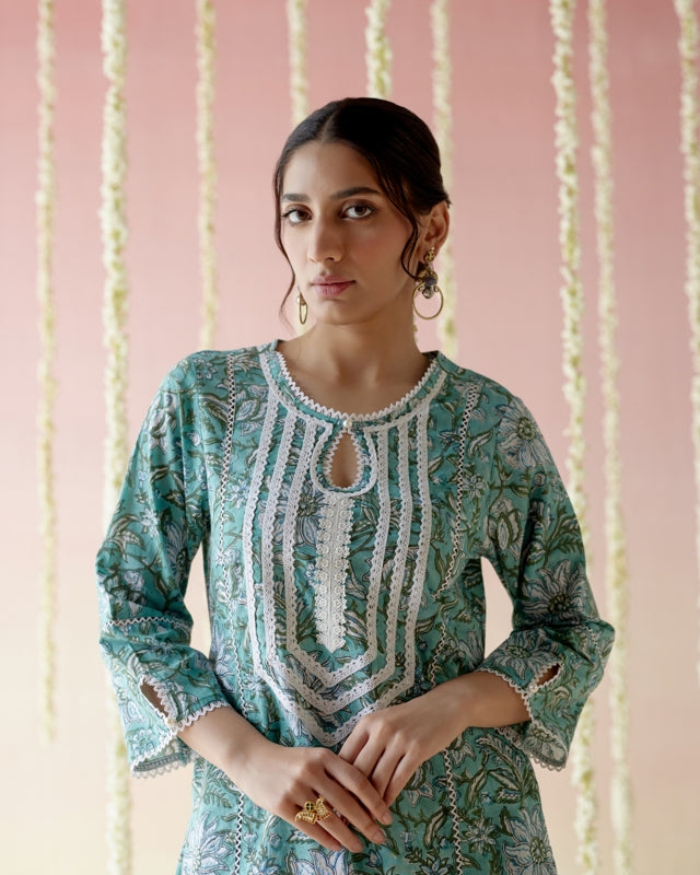 Aqua Blue Floral Chintz Kurta