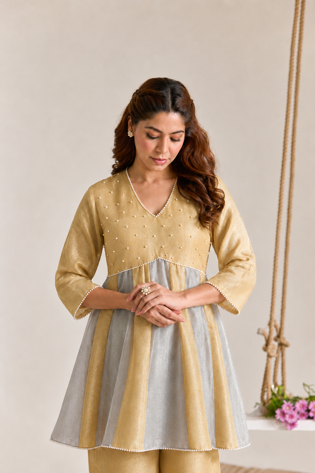 Golden Silver Pearl Kota Tissue Anarkali Set with Pearl Dupatta - Set of 3