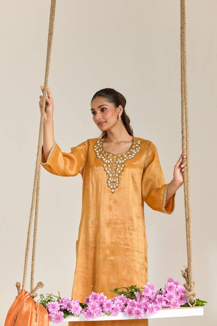Orange Pearl Zari Embroidered Tissue Kurta Set with Stripe Dupatta - Set of 3