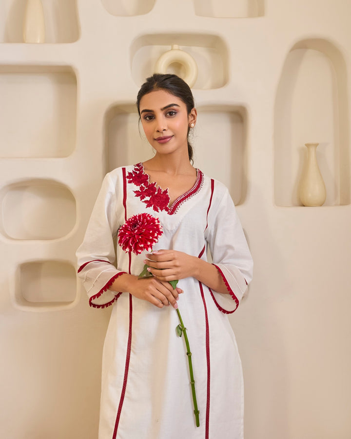 Red Rose Embroidered Khaadi Kurta