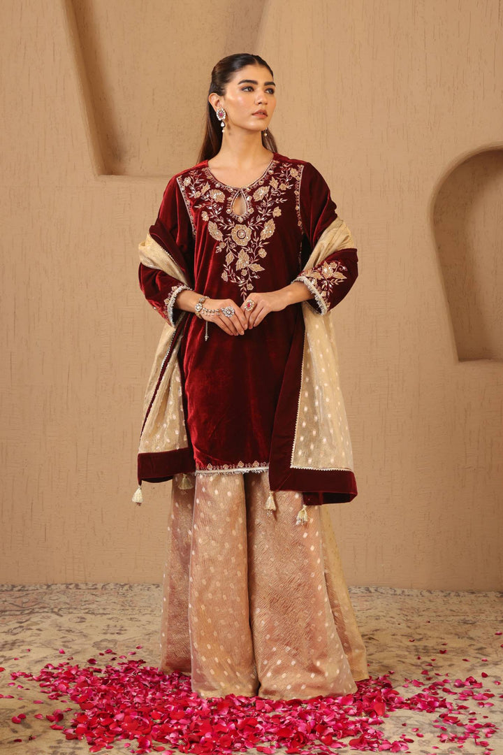 Maroon Floral Zari Dupatta