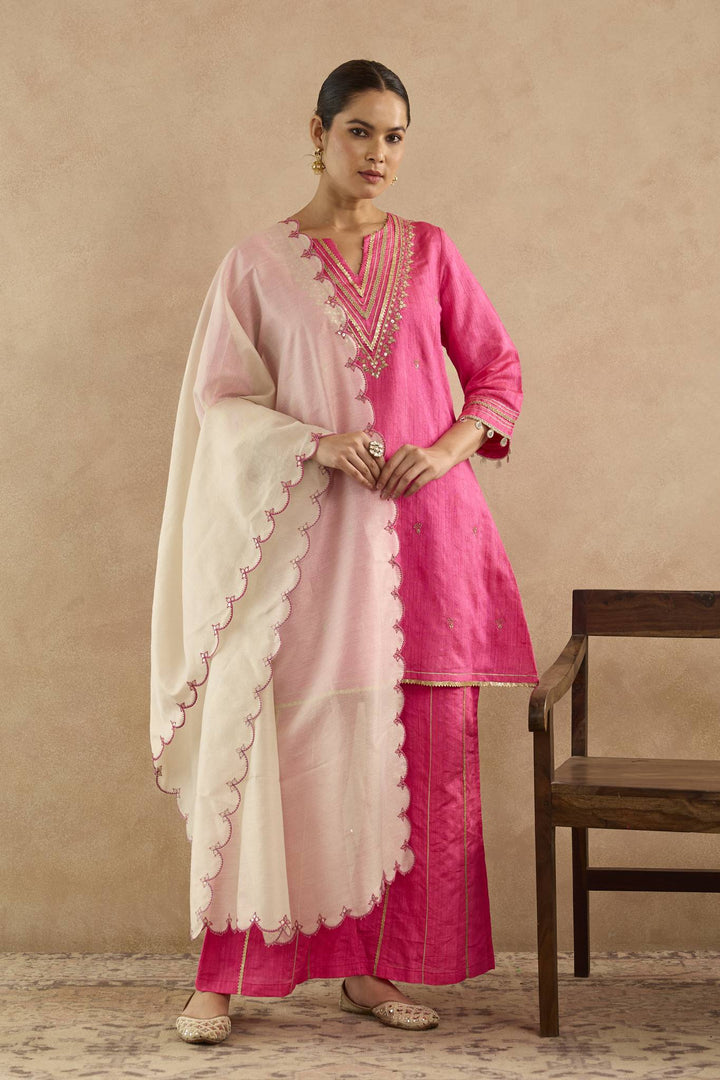 Rani Pink Embroidered Kurta with Flared Pants and Scallop Dupatta - Set of 3