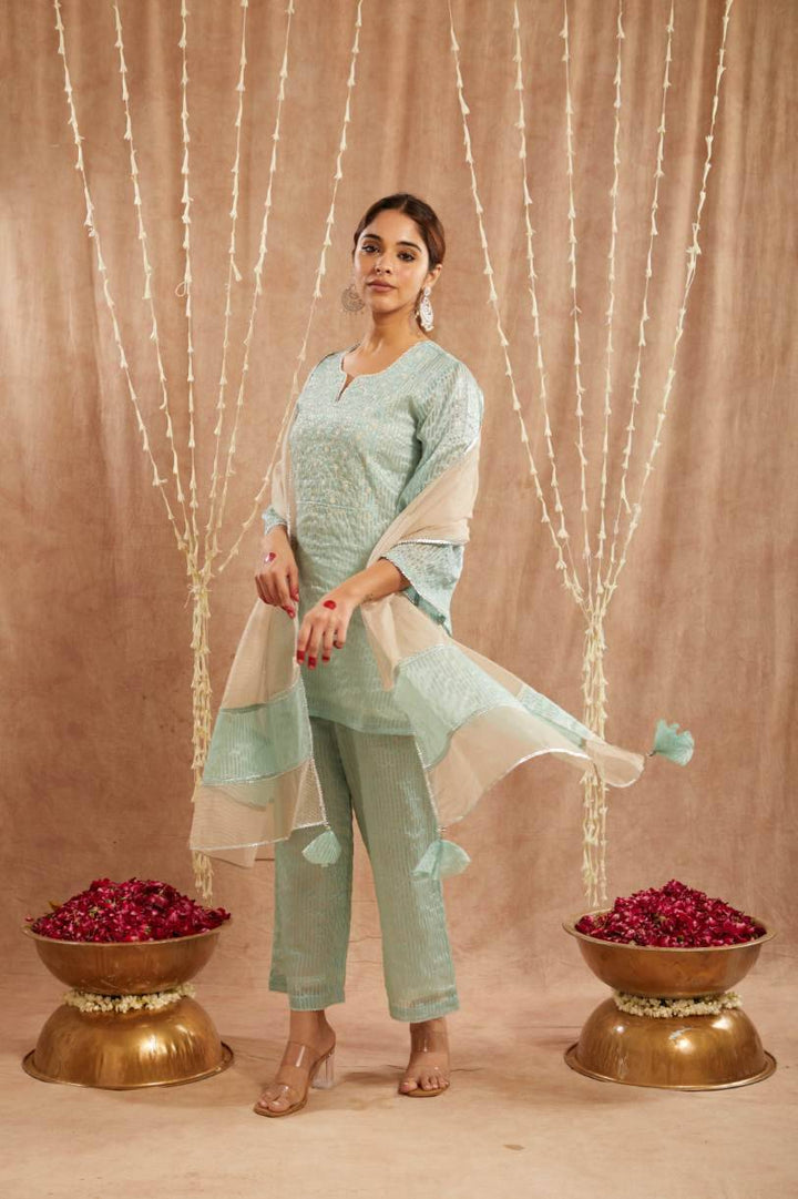 Blue Moroccan Dori Kurta with Flared Pants and Dupatta- Set of 3