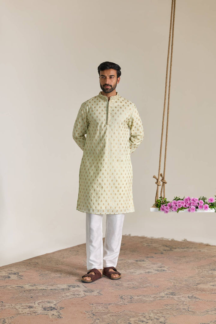 Mint Buta Brocade Embroidered Kurta with Narrow Pants