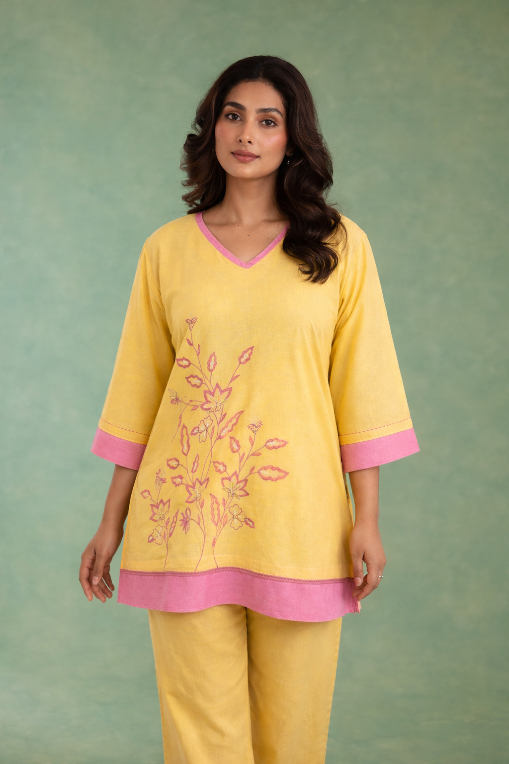 Yellow Pink Embroidered Handloom Linen Co-ord Set