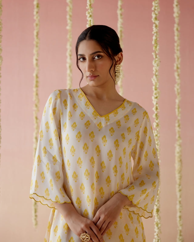 Freesia Yellow A-Line Long Kurta with Wide Leg Pants and Dupatta-  Set of 3