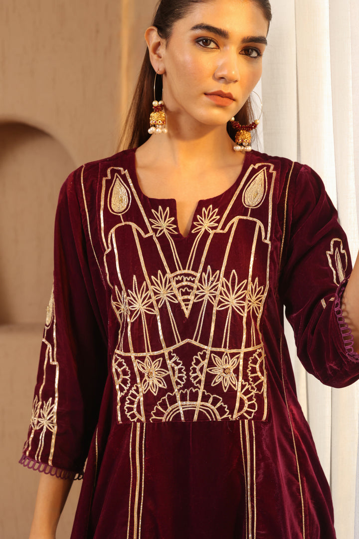 Wine Gota Velvet Anarkali with Narrow Pants - Set of 2