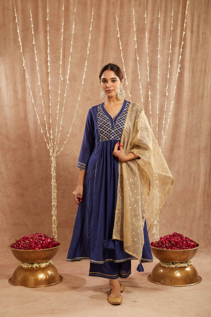 Royal Blue Gota Chanderi Kurta with Wide Leg Pants and Dupatta - Set of 3