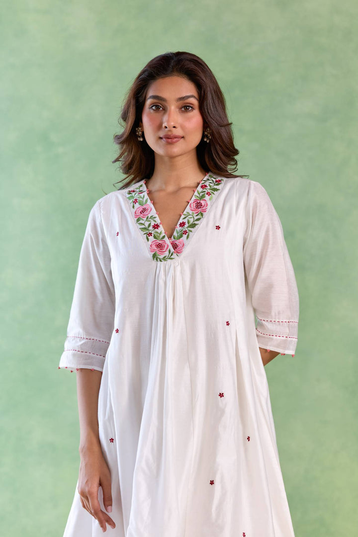 Red Petal Embroidered Kurta with Wide-Leg Pants - Set of 2