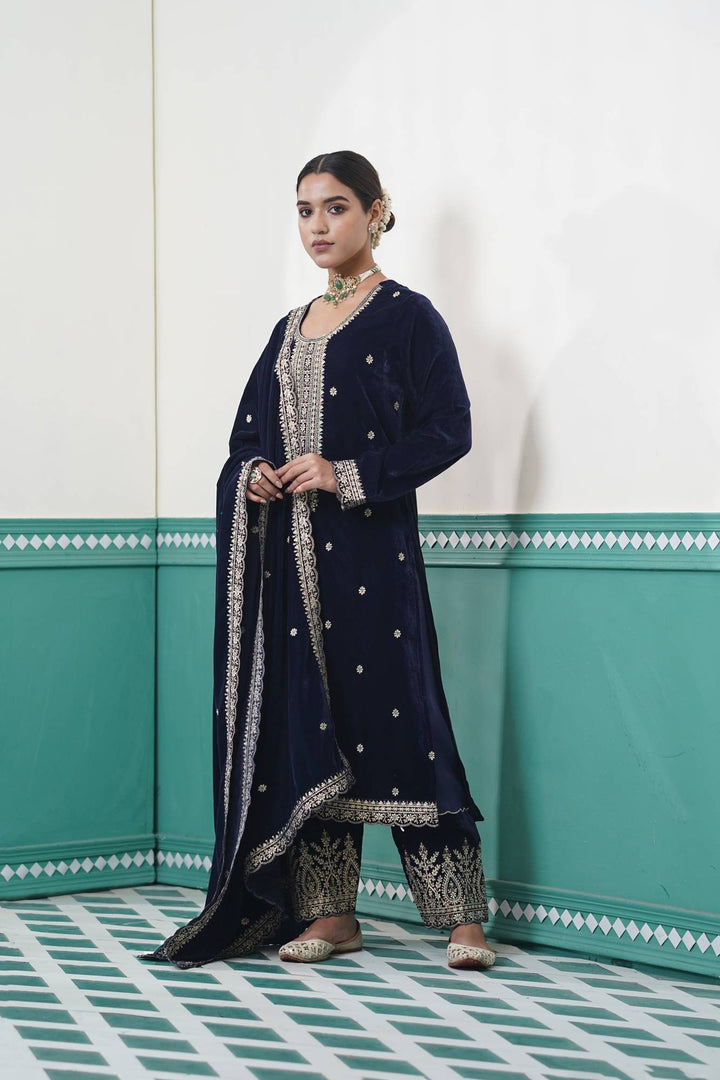 Navy Dori Velvet Kurta Set