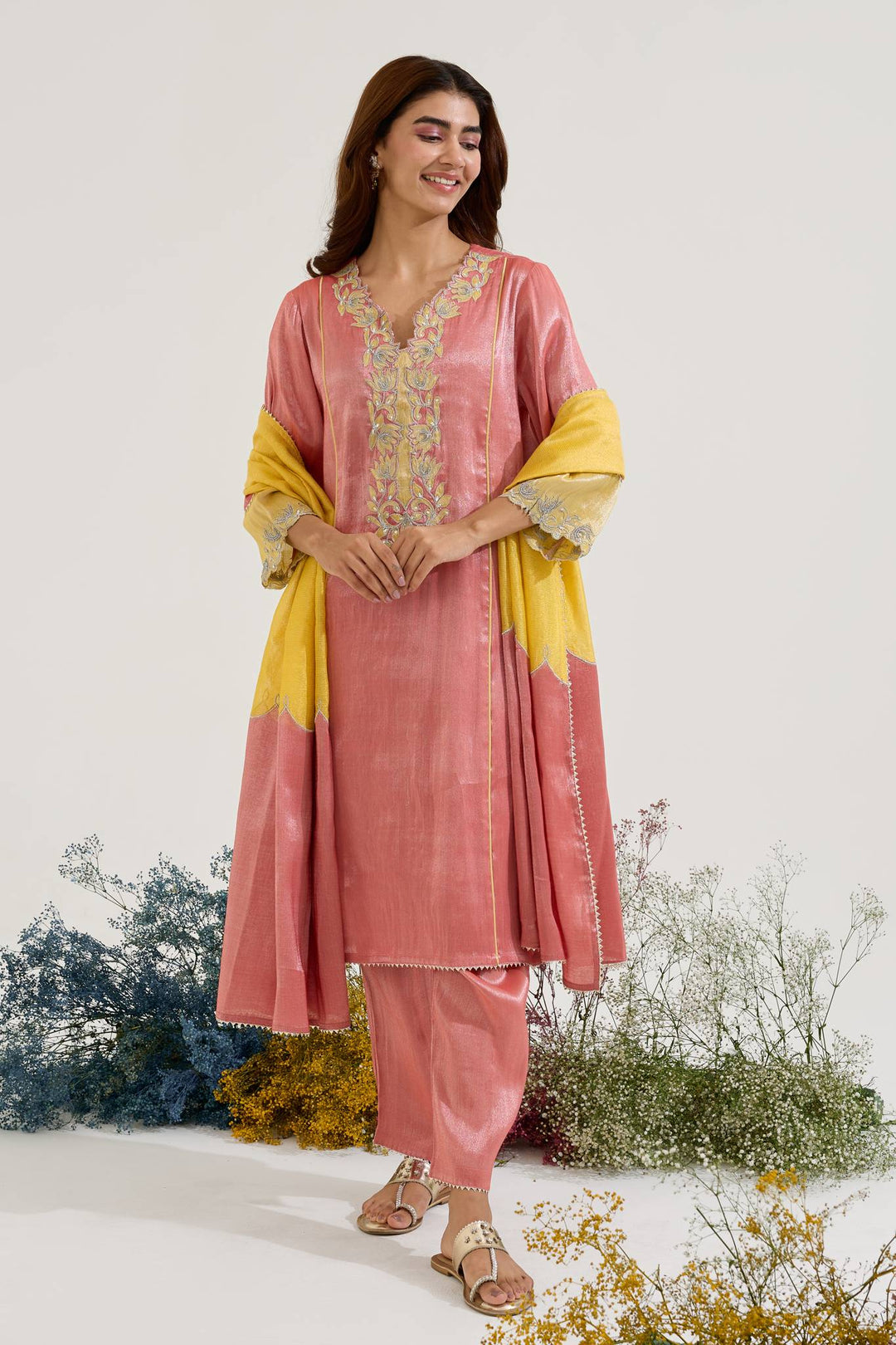 Red Lotus Applique Tissue Kurta with Narrow Pants and Dupatta - Set of 3