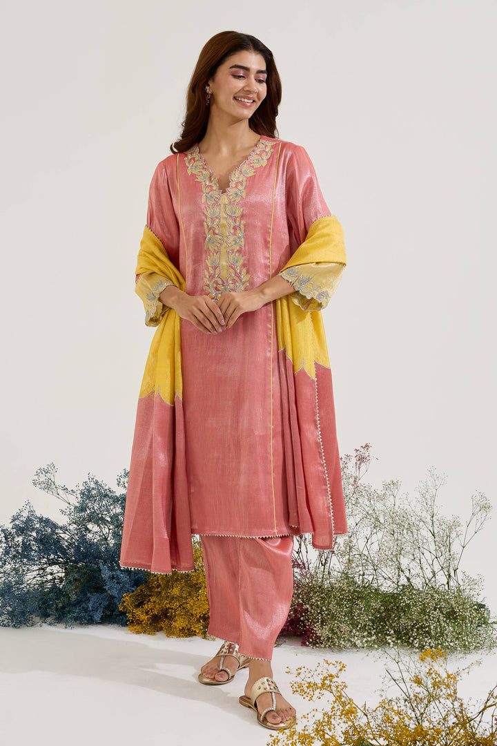 Red Lotus Applique Tissue Kurta with Narrow Pants and Dupatta - Set of 3