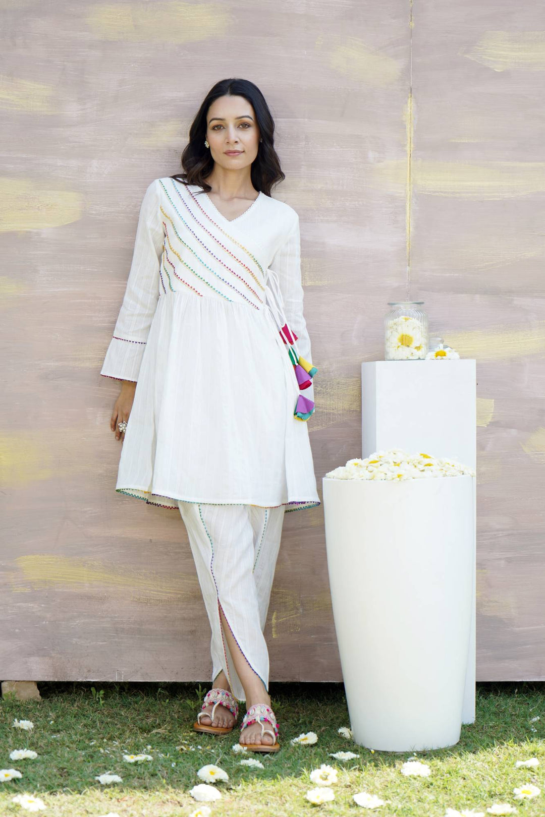 Buy White Kurta, Vibrant Gota Angrakha with Tulip Pants