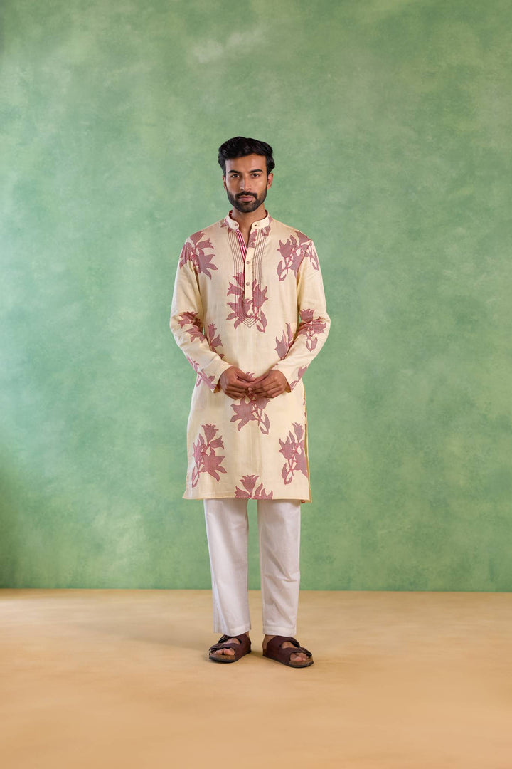 Ivory Red Floral Stripe Kurta with Narrow Pants