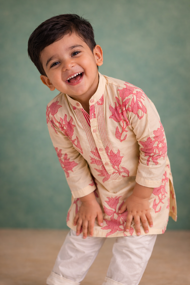 Boys Ivory Red Floral Stripe Kurta Set