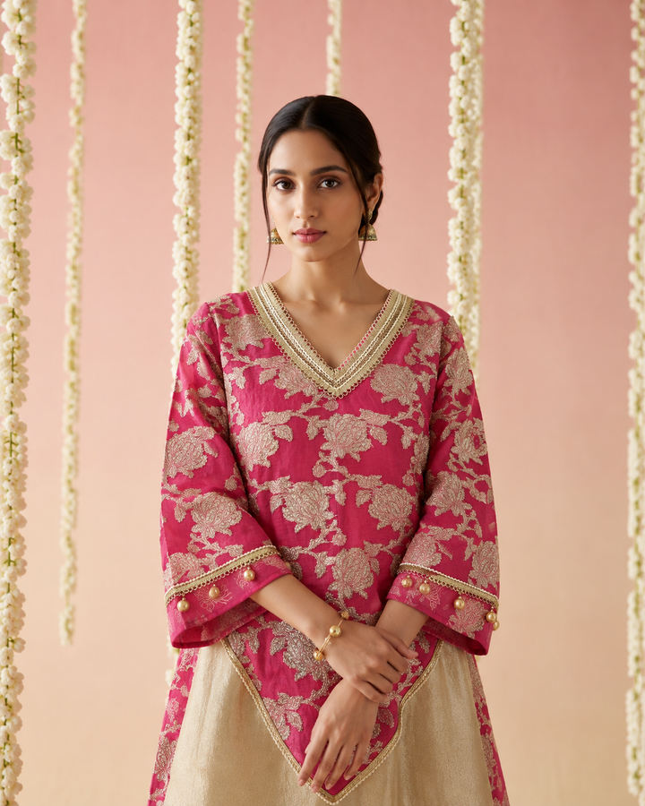 Fuchsia Jaal Chanderi Brocade Kurta Set with Dupatta - Set of 3