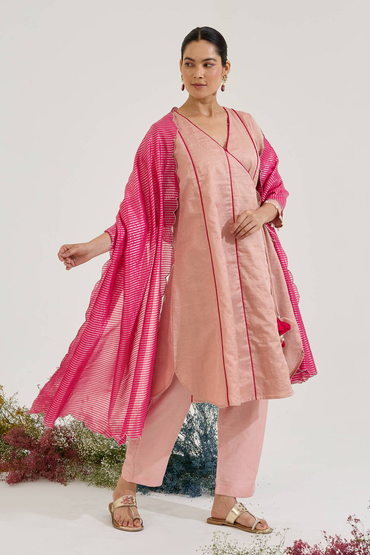 Pearl Pink Chanderi Stripe Angrakha with Narrow Pants and Dupatta - Set of 3