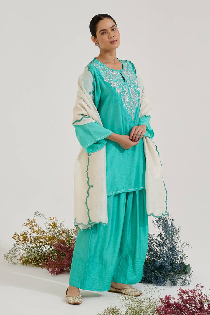 Aqua Green Zari Kurta with Farsi Salwar and Dupatta - Set of 3