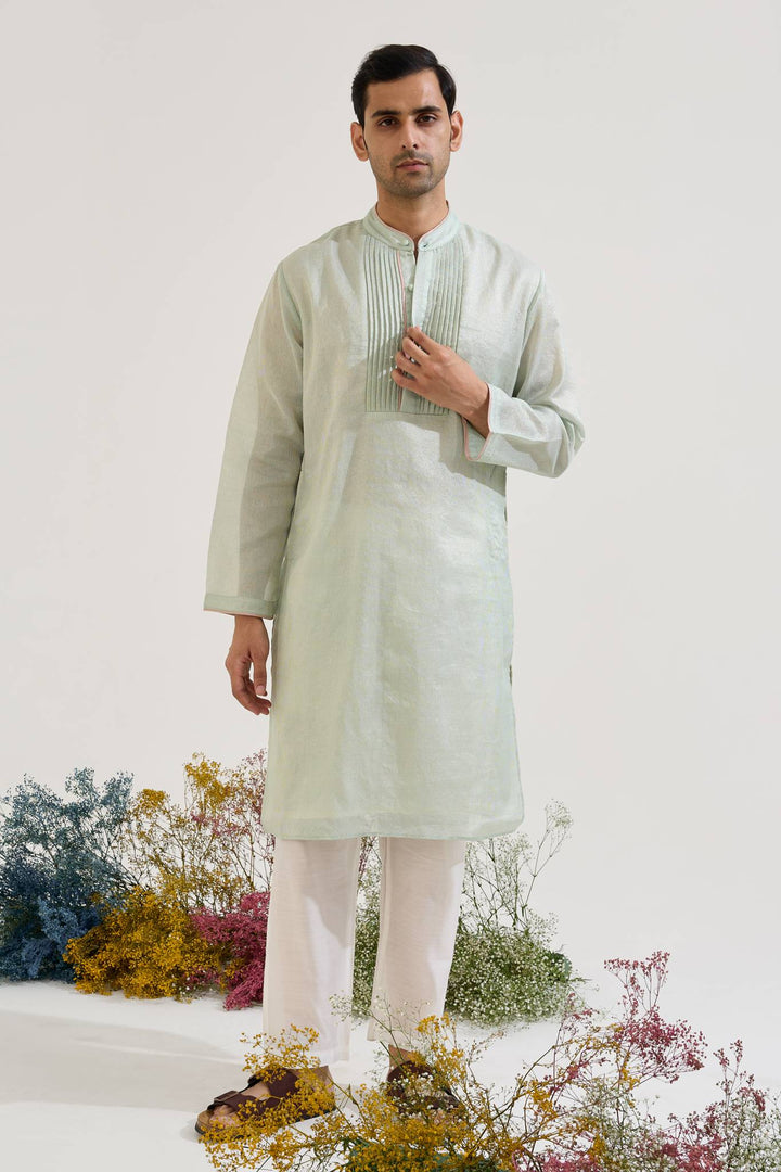 Mint Pintuck Chanderi Stripe Kurta with Narrow Pants - Set of 2