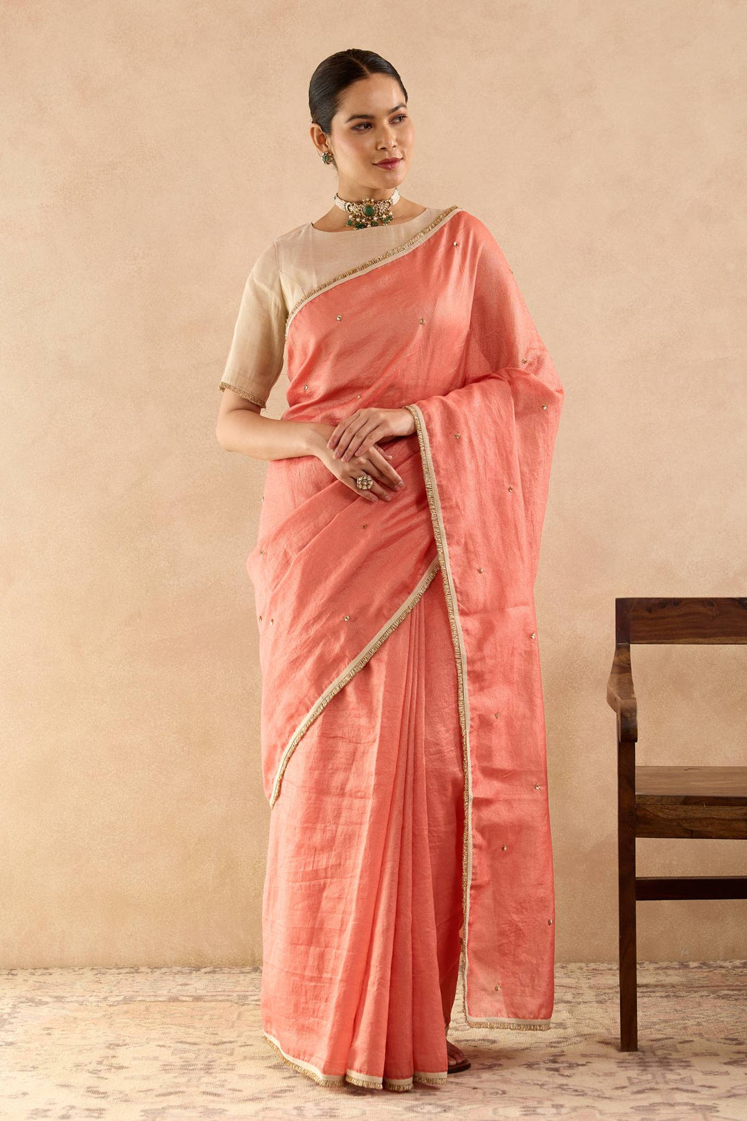 Red Gold Sequins Chanderi Stripe Saree