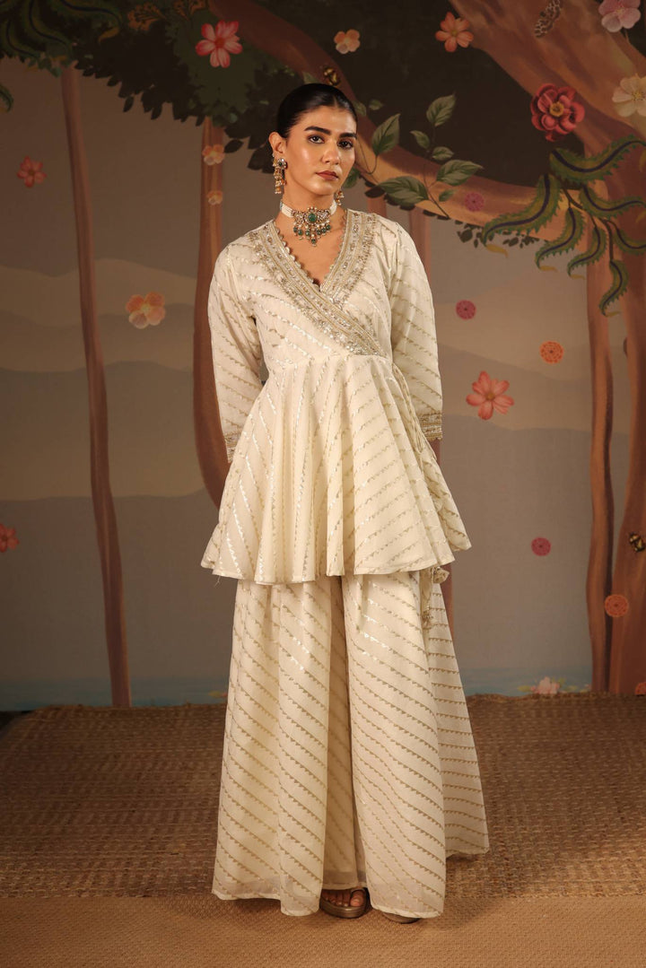 Ivory Gold Embroidered Angrakha with Sharara - Set of 2