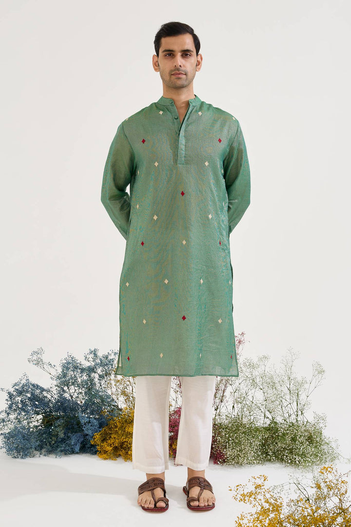 Emerald Buta Chanderi Stripe Kurta with Narrow Pants - Set of 2