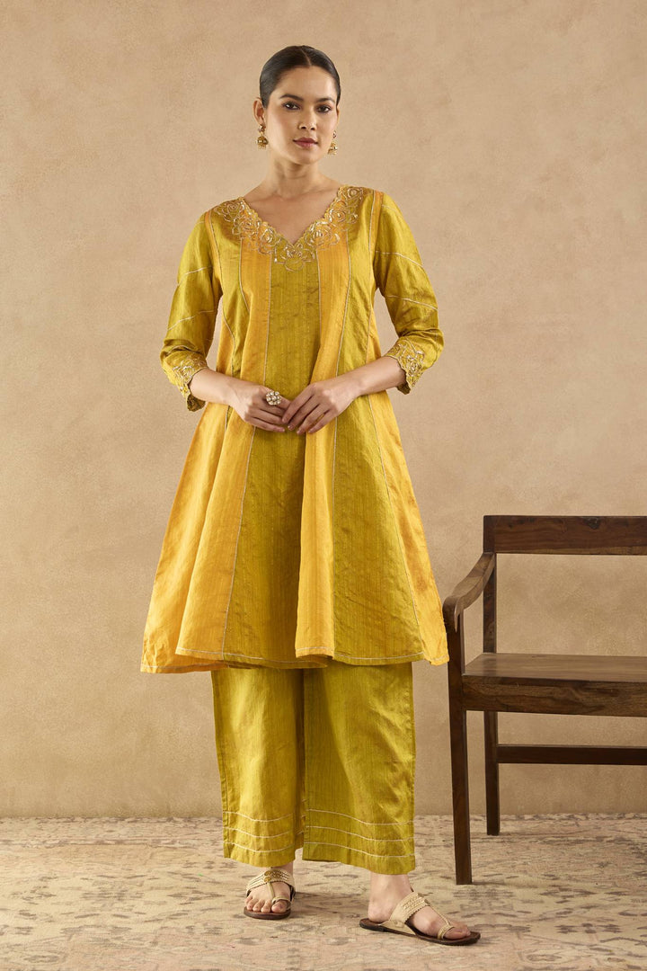 Olive Yellow Zari Anarkali with Wide Leg Pants and Scallop Dupatta - Set of 3