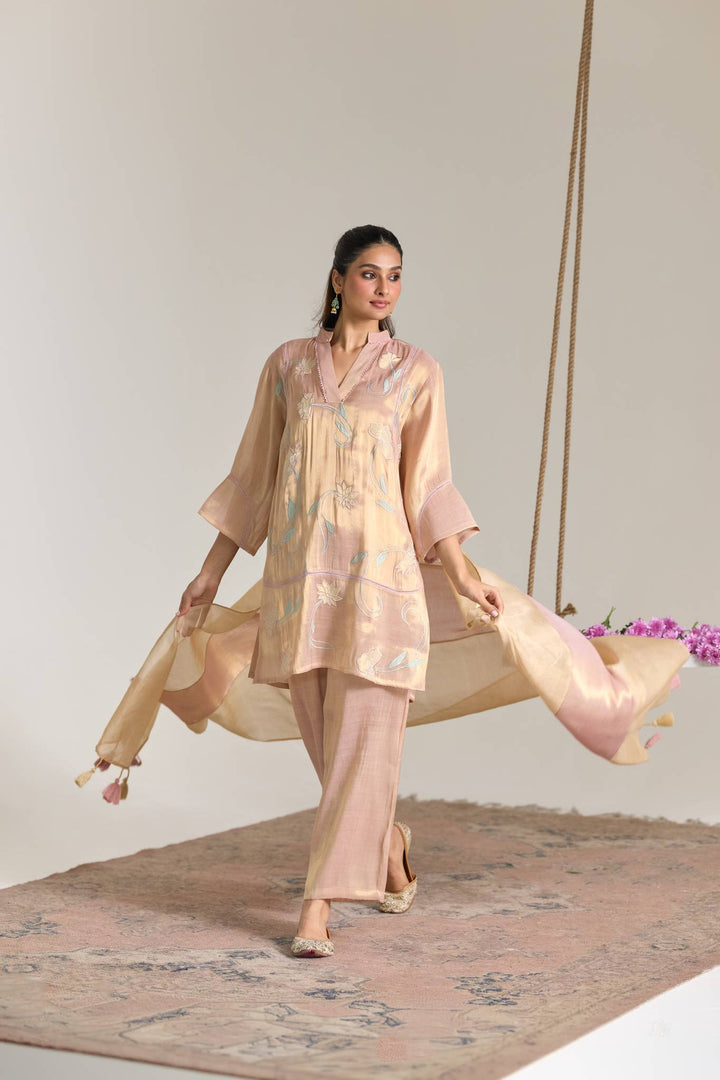 Blush Mint Applique Embroidered Tissue Kurta Set with Panel Dupatta - Set of 3