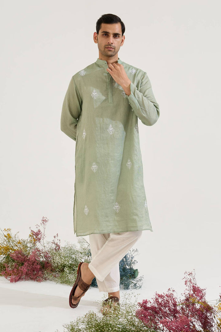 Sage Embroidered Chanderi Stripe Kurta with Narrow Pants - Set of 2