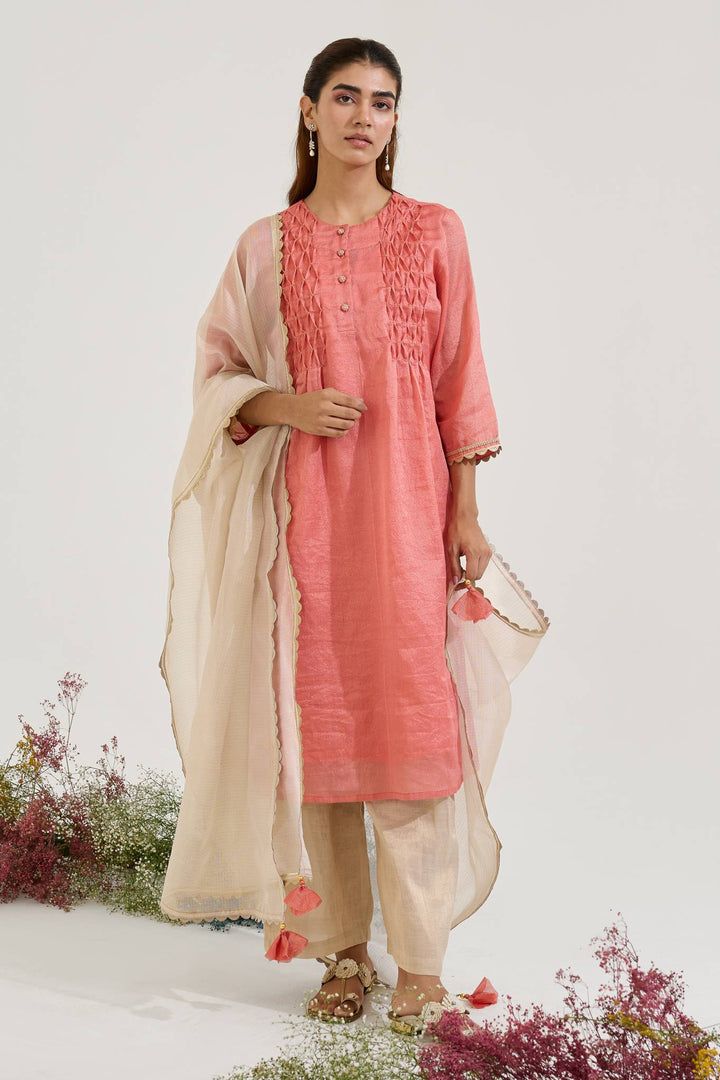 Red Gold Chanderi Stripe Kurta with Wide Leg Pants and Dupatta - Set of 3
