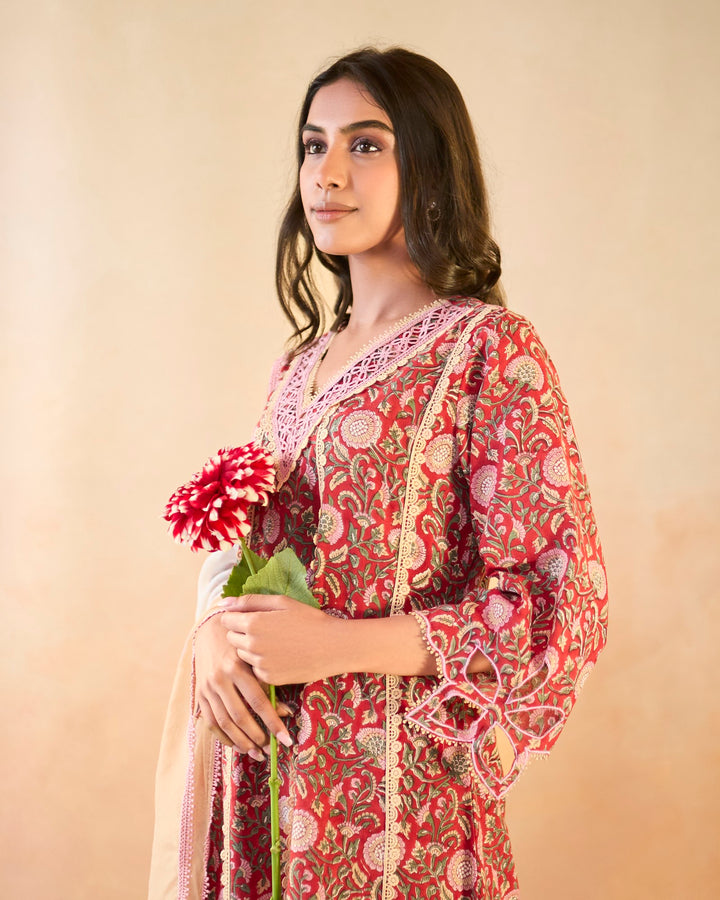 Rosy Chintz Cutwork Kurta with Wide Leg Pants - Set of 2